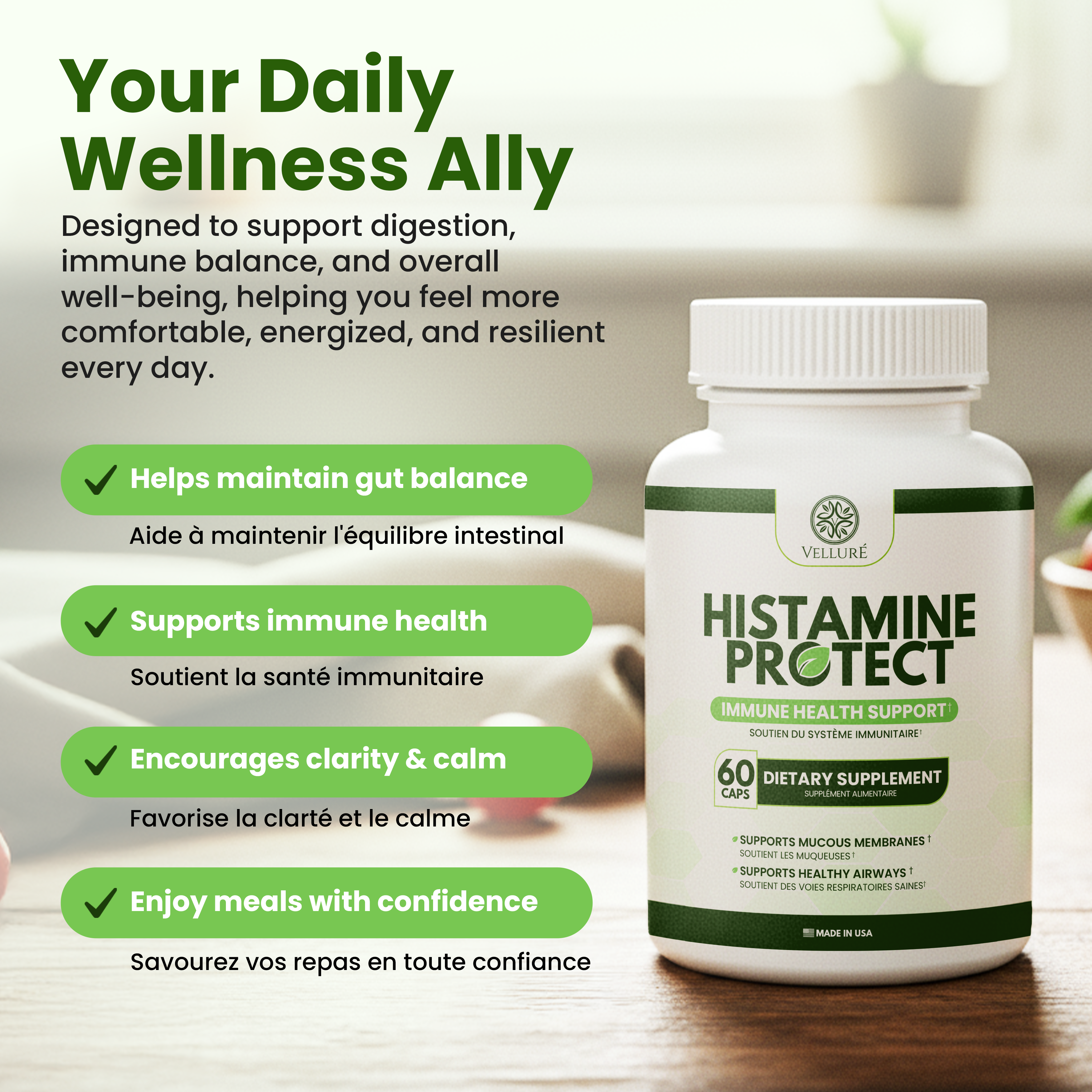 Velluré Histamine Protect – Premium Histamine Blocker DAO Supplement with Diamine Oxidase Enzyme 30000 HDU – Advanced Gut Health, Food Intolerance and Immune Support – 60 Capsules