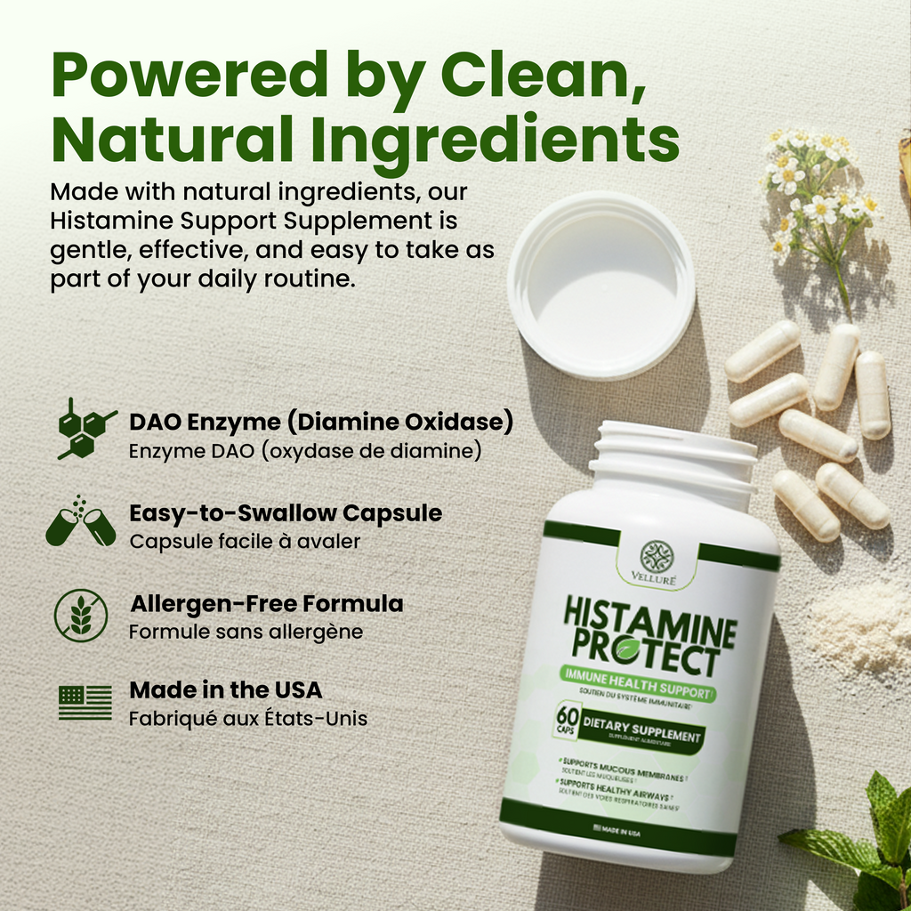 Velluré Histamine Protect – Premium Histamine Blocker DAO Supplement with Diamine Oxidase Enzyme 30000 HDU – Advanced Gut Health, Food Intolerance and Immune Support – 60 Capsules