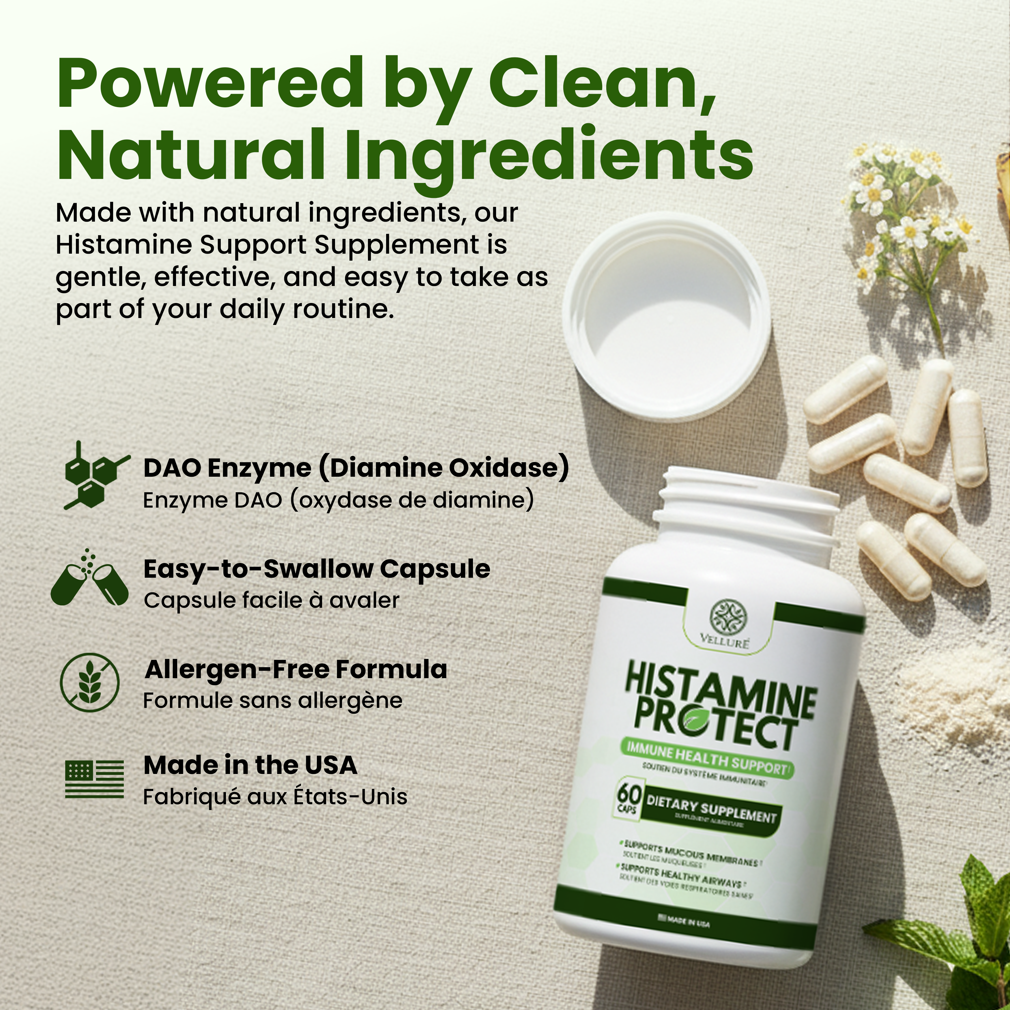 Velluré Histamine Protect – Premium Histamine Blocker DAO Supplement with Diamine Oxidase Enzyme 30000 HDU – Advanced Gut Health, Food Intolerance and Immune Support – 60 Capsules