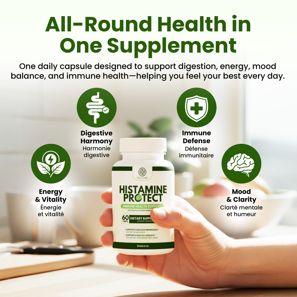 Velluré Histamine Protect – Premium Histamine Blocker DAO Supplement with Diamine Oxidase Enzyme 30000 HDU – Advanced Gut Health, Food Intolerance and Immune Support – 60 Capsules