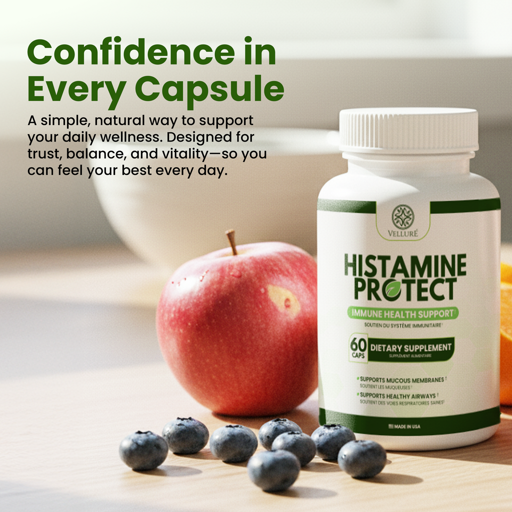 Velluré Histamine Protect – Premium Histamine Blocker DAO Supplement with Diamine Oxidase Enzyme 30000 HDU – Advanced Gut Health, Food Intolerance and Immune Support – 60 Capsules