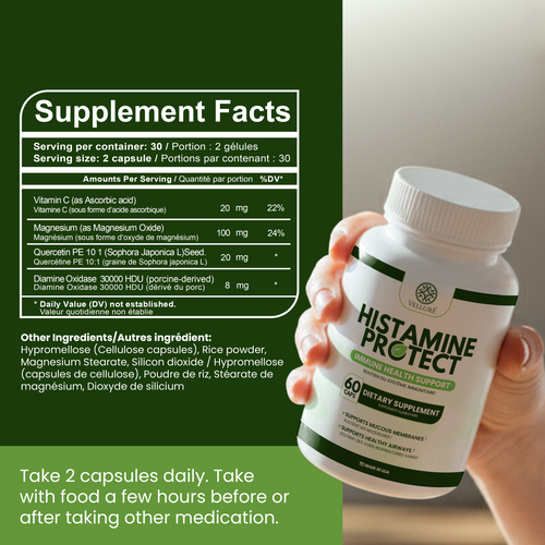 Velluré Histamine Protect – Premium Histamine Blocker DAO Supplement with Diamine Oxidase Enzyme 30000 HDU – Advanced Gut Health, Food Intolerance and Immune Support – 60 Capsules