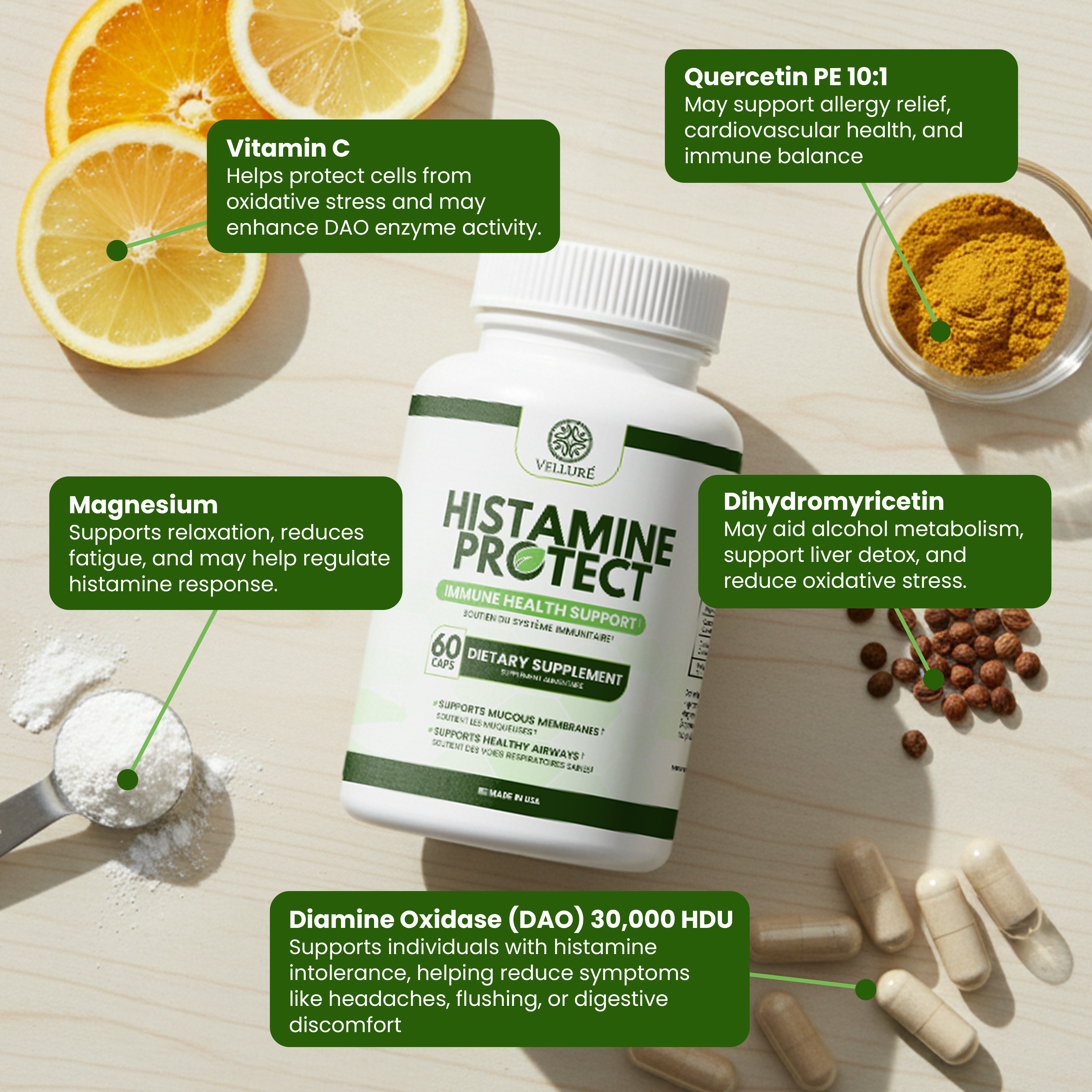 Velluré Histamine Protect – Premium Histamine Blocker DAO Supplement with Diamine Oxidase Enzyme 30000 HDU – Advanced Gut Health, Food Intolerance and Immune Support – 60 Capsules